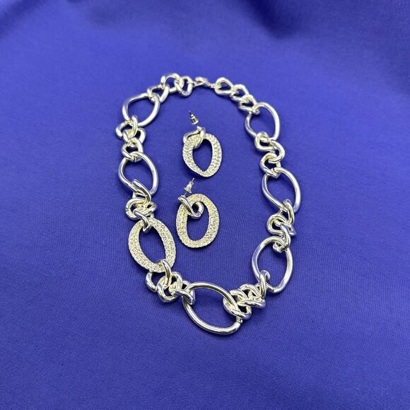 SAQ Set: Silver-Tone Chain Link w/ Crystal Choker Necklace & Post Dangle Earring - Picture 5 of 13